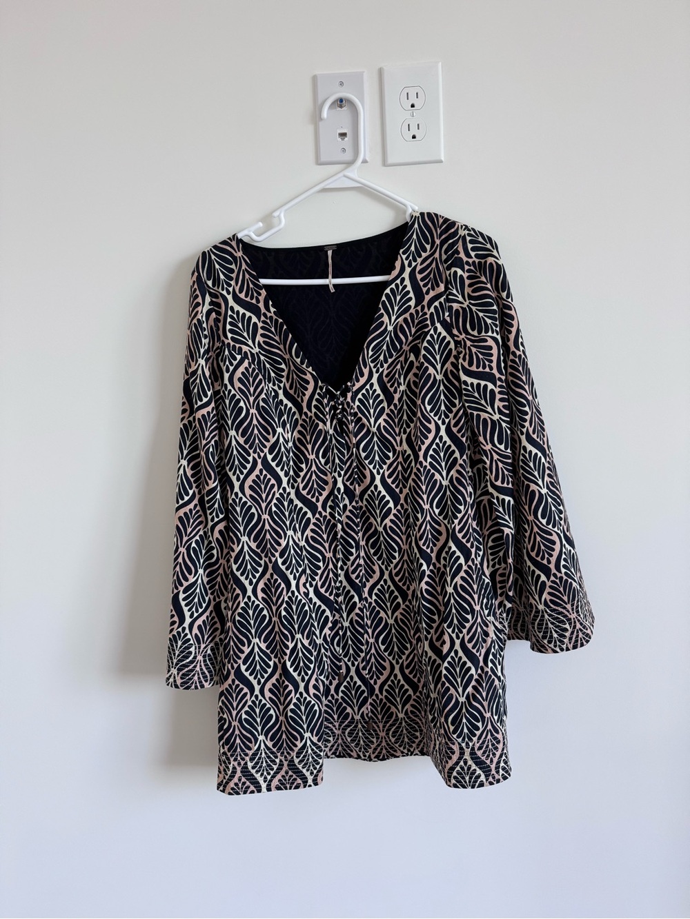 Free People Black and Cream Printed V-Neck Tunic